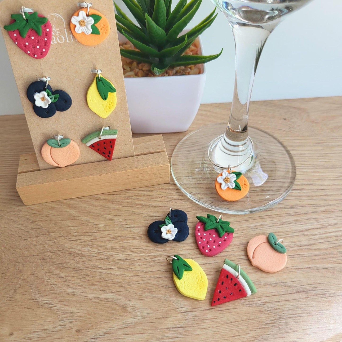 Breloques verres à vin en argile polymère - Fruits -Ens. de 6 pour vin et cocktails - Apéro / Cadeau hôtesse