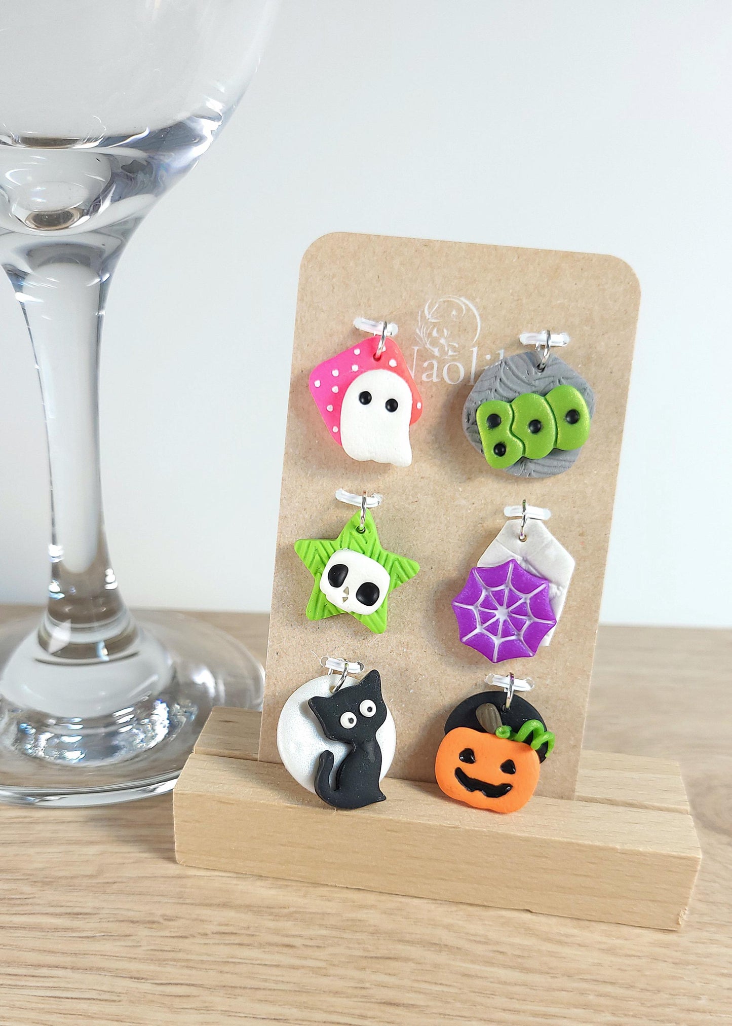 Breloques verres à vin en argile polymère - Halloween spooky -Ens. de 6 pour vin et cocktails - Apéro / Cadeau hôtesse