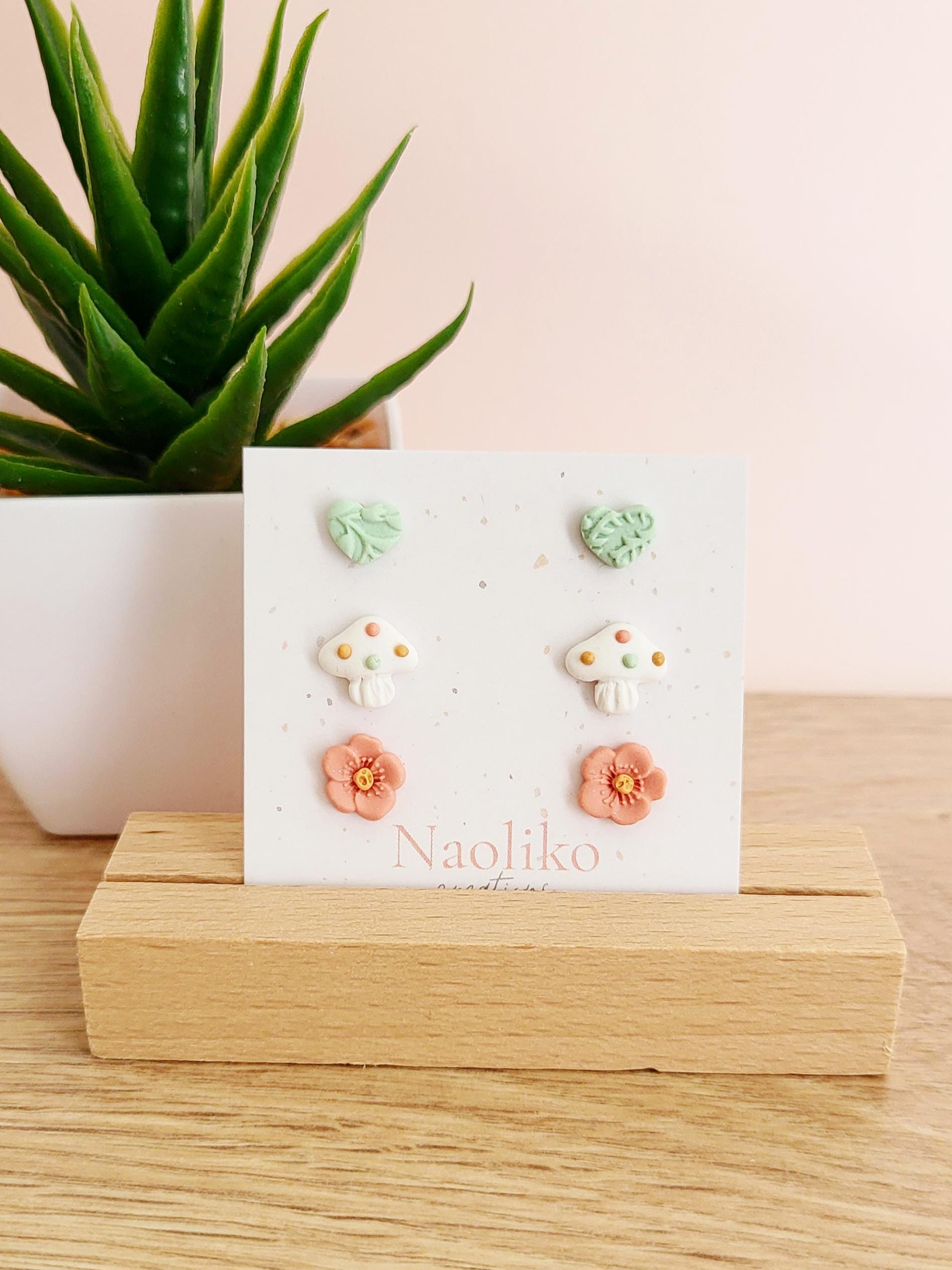 Trio de puces d'oreilles en argile polymère - Alice - Amusantes et délicates - Turquoise, blanc et rose corail