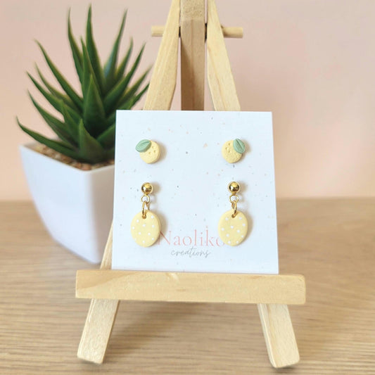 Boucles d'oreilles en argile polymère Duo Citrons à pois | Attaches/tiges plaquées or | Style Été | Handmade Earrings, Gold plated findings