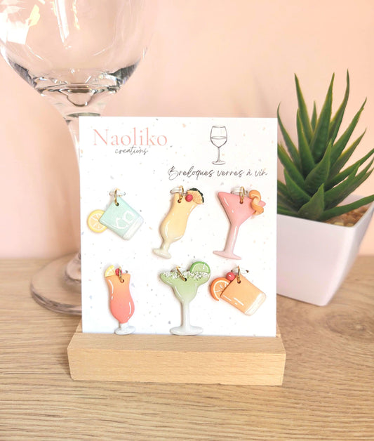 Breloques verres à vin en argile polymère - Cocktails d'été - Margarita, Daiquiri -Ens. de 6 pour vin et cocktails - Apéro / Cadeau hôtesse
