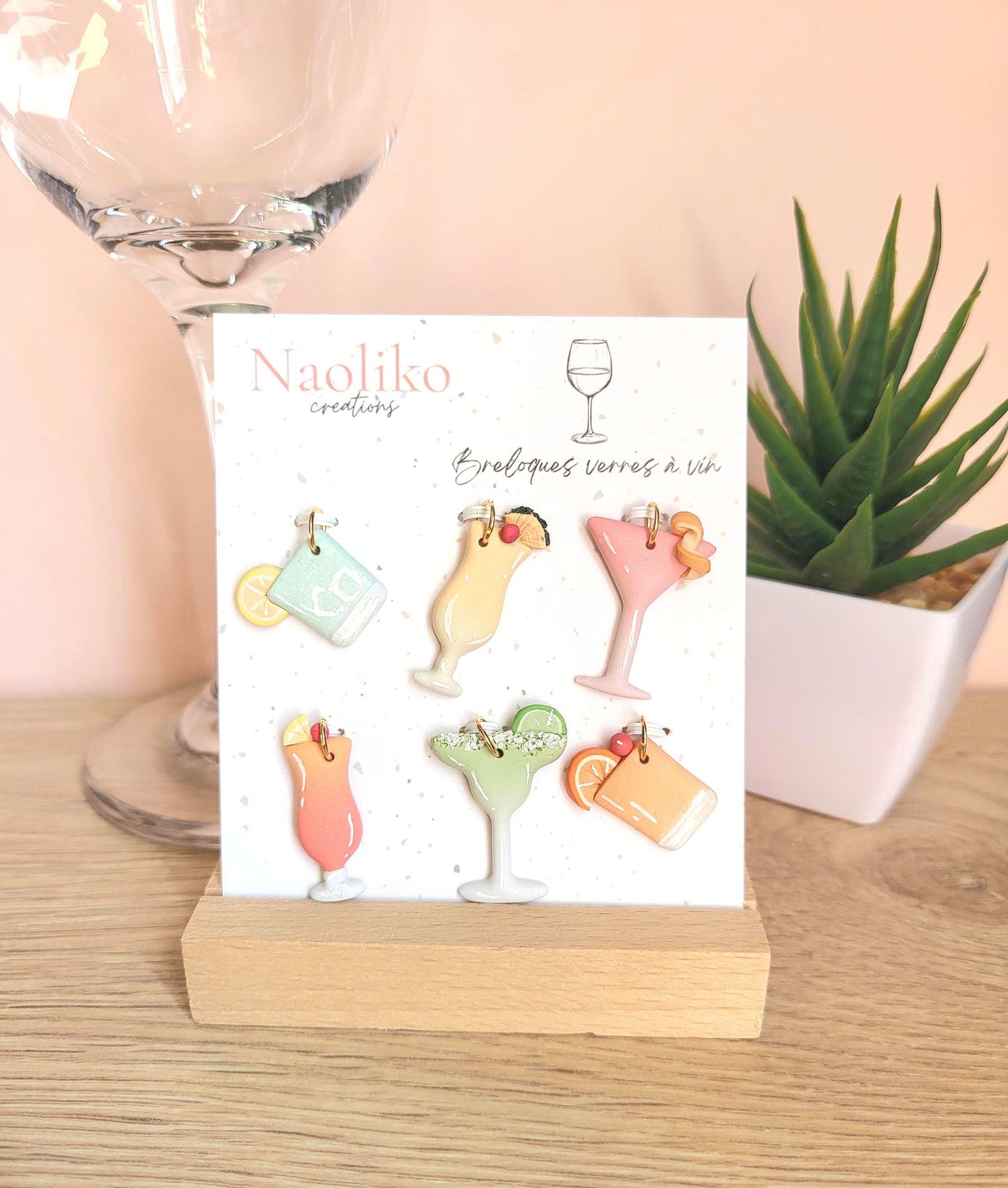 Breloques verres à vin en argile polymère - Cocktails d'été - Margarita, Daiquiri -Ens. de 6 pour vin et cocktails - Apéro / Cadeau hôtesse