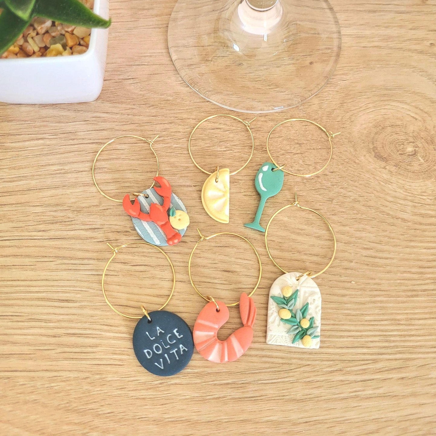 Breloques verres à vin en argile polymère - La Dolce Vita - Thème méditerranée - Ens. de 6 pour vin et cocktails - Apéro / Cadeau hôtesse