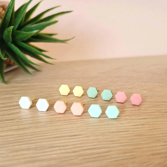 Puces d'oreilles Oasis pastel en argile polymère  | Couleurs variées | Forme hexagone 7 mm | Tige en acier inoxydable