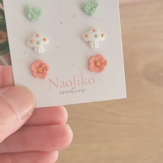 Trio de puces d'oreilles en argile polymère - Alice - Amusantes et délicates - Turquoise, blanc et rose corail