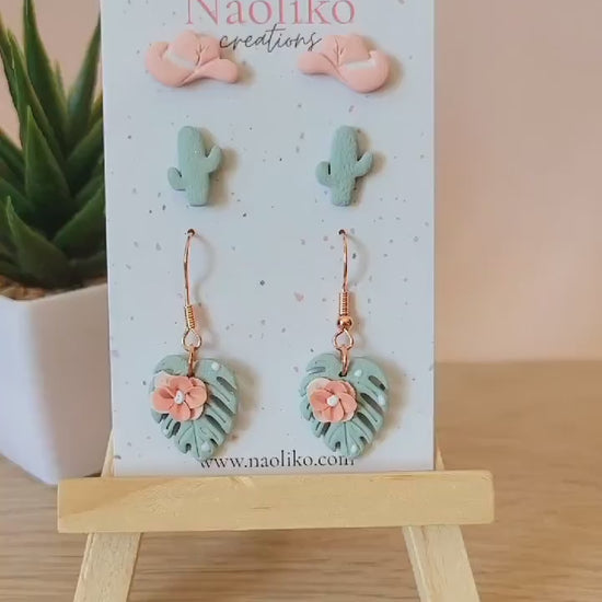 Trio puces d'oreilles et boucles d'oreilles pendantes en argile polymère - Cowgirl - Amusantes et originales - Rose et vert