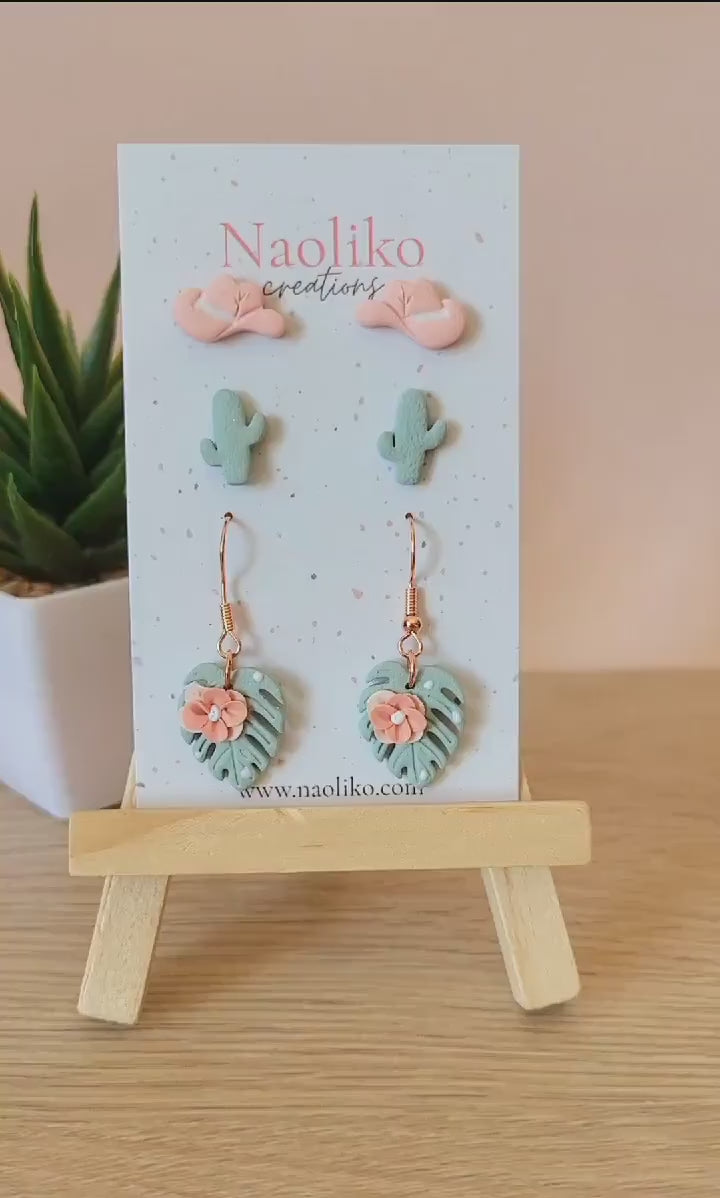 Trio puces d'oreilles et boucles d'oreilles pendantes en argile polymère - Cowgirl - Amusantes et originales - Rose et vert
